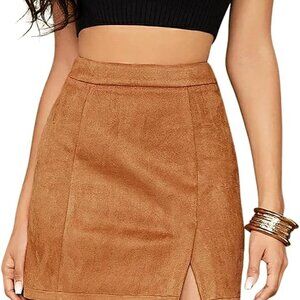 Khaki High Waist Faux Suede Mini Skirt with Side Split for Effortless Elegance